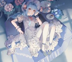 Rule 34 | 1girl, absurdres, alternate costume, alternate headwear, arm rest, arm up, artist name, blue flower, blue hair, blue rose, blush, bonnet, cake, cake slice, chair, cup, dated, dress, flower, food, food-themed hair ornament, frilled skirt, frills, fruit, grey footwear, hair ornament, hair ribbon, hand in own hair, hat, hat ribbon, highres, hinanawi tenshi, indoors, light smile, ling mou, lolita fashion, long hair, looking at viewer, macaron, pantyhose, parted lips, peach, peach hair ornament, pink flower, pink rose, puffy short sleeves, puffy sleeves, red eyes, ribbon, rose, saucer, shadow, short sleeves, sitting, skirt, slouching, solo, spoon, teacup, tiered tray, touhou, very long hair, white dress, white pantyhose, wrist cuffs