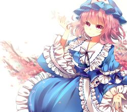 Rule 34 | 1girl, anthiea, bad id, bad pixiv id, blush, bug, butterfly, cherry blossoms, collarbone, cropped, female focus, frills, hat, bug, long skirt, long sleeves, petals, pink eyes, pink hair, saigyouji yuyuko, short hair, skirt, smile, solo, touhou, triangular headpiece, wide sleeves