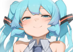 Rule 34 | 1girl, abmayo, aqua hair, bare shoulders, blush, closed mouth, collared shirt, green eyes, green necktie, grey shirt, hair ornament, half-closed eyes, hatsune miku, long hair, looking at viewer, necktie, portrait, shiny skin, shirt, simple background, sleeveless, sleeveless shirt, smile, solo, twintails, vocaloid, white background