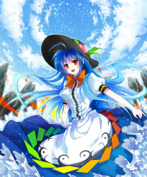 Rule 34 | 1girl, blue hair, blue sky, blush, breasts, day, food, fruit, hat, highres, hinanawi tenshi, long hair, long skirt, medium breasts, mountain, open mouth, peach, red eyes, sawaki, short sleeves, skirt, sky, smile, solo, touhou