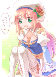 Rule 34 | 1girl, arch bishop (ragnarok online), blue dress, blush, breasts, cleavage, cleavage cutout, clothing cutout, cross, dress, feet out of frame, fishnet thighhighs, fishnets, flower, frilled thighhighs, frills, green eyes, hair flower, hair ornament, hat, juliet sleeves, long hair, long sleeves, looking at viewer, medium breasts, open mouth, orange flower, pink hair, pointy ears, puffy sleeves, ragnarok online, sailor hat, sakakura (sariri), sash, smile, solo, thighhighs, translation request, two-tone dress, white dress, white hat, white thighhighs, yellow sash