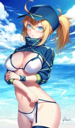 Rule 34 | 1girl, ahoge, artist name, artoria pendragon (fate), baseball cap, bikini, bikini bottom only, blonde hair, blue eyes, blush, breasts, chestnut mouth, cleavage, cloud, commentary request, day, fate/grand order, fate (series), hat, holding, holding bikini bottom, holding clothes, holding swimsuit, jacket, kousaki rui, looking at viewer, medium breasts, mysterious heroine x (fate), mysterious heroine xx (fate), open mouth, ponytail, shrug (clothing), sky, solo, swimsuit, thighlet, water, wet, white bikini