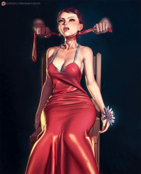Rule 34 | 1girl, asphyxiation, bare shoulders, bdsm, blue eyes, blush, breasts, chair, cleavage, clenched hands, collarbone, commentary, corsage, dress, earrings, english commentary, highres, jewelry, large breasts, nail polish, necktie, nikita varb, open mouth, original, red dress, red hair, red nails, red neckwear, short hair, sitting, strangling, unworn necktie