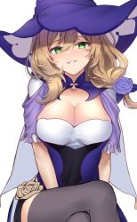 Rule 34 | 1girl, black thighhighs, breasts, cleavage, crossed legs, dress, flower, genshin impact, green eyes, hair between eyes, hat, hat flower, highres, large breasts, light brown hair, lisa (genshin impact), long hair, looking at viewer, parted lips, purple dress, purple flower, purple hat, purple rose, rose, simple background, solo, terebi (shimizu1996), thighhighs, unfinished, white background, witch hat