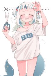 Rule 34 | 1girl, absurdres, blue hair, blunt bangs, blush, closed eyes, commentary, cutting hair, cutting own hair, feet out of frame, gawr gura, grey hair, hair ornament, highres, holding, holding scissors, hololive, hololive english, long hair, multicolored hair, nail polish, oversized clothes, oversized shirt, sasami (cho ge n ki), scissors, shark hair ornament, sharp teeth, shirt, single bare shoulder, streaked hair, symbol-only commentary, t-shirt, tail, tearing up, teeth, two side up, virtual youtuber, white shirt