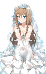 Rule 34 | 1girl, blue eyes, blush, breasts, bridal veil, cleavage, closed mouth, collarbone, dress, earrings, girls&#039; frontline, gloves, hair between eyes, hair ornament, hairband, hands up, highres, jewelry, light brown hair, long hair, looking at viewer, medium breasts, off-shoulder dress, off shoulder, official alternate costume, pixel (yuxian), sidelocks, snowflakes, solo, suomi (blissful mission) (girls&#039; frontline), suomi (girls&#039; frontline), tiara, veil, wedding dress, white dress, white gloves