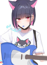 Rule 34 | 1girl, absurdres, animal ears, arrow (symbol), bass guitar, black hair, black mask, blue archive, blush, cat ears, colored inner hair, earclip, earrings, extra ears, halo, highres, holding, holding bass guitar, holding instrument, holding plectrum, illust ruta, jewelry, kazusa (band) (blue archive), kazusa (blue archive), logo, looking at viewer, mask, mask pull, mouth hold, mouth mask, multicolored hair, pink eyes, pink hair, plectrum, print shirt, shirt, short hair, short sleeves, simple background, solo, stud earrings, translation request, two-tone hair, upper body, white background