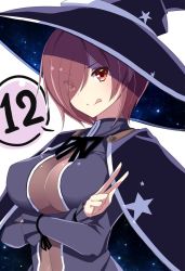 Rule 34 | 1girl, :q, black cape, black hat, black ribbon, black shirt, breasts, brown hair, cape, character request, commentary request, crossed arms, eyes visible through hair, hair over one eye, hat, light particles, long sleeves, looking at viewer, medium breasts, mutou kurihito, neck ribbon, red eyes, ribbon, shirt, short hair, simple background, solo, star (symbol), tongue, tongue out, upper body, v, v-shaped eyebrows, white background, witch hat, wrist ribbon, yuukyuu no gusha asley no kenja no susume