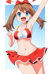 Rule 34 | 1girl, :d, arm up, armpits, bare arms, bikini, blue eyes, blush, bow hairband, breasts, brown hair, clenched hand, collarbone, commentary request, cowboy shot, creatures (company), eyelashes, game freak, hairband, highres, long hair, looking at viewer, may (pokemon), navel, nintendo, open mouth, pokemon, pokemon oras, red bikini, red hairband, smile, solo, swimsuit, tongue, yuihico