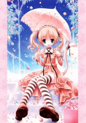 Rule 34 | 1girl, animal ears, blonde hair, candy, choker, dress, female focus, food, frills, gathers, lolita fashion, lollipop, red footwear, ribbon, shoes, solo, striped clothes, striped thighhighs, sweet lolita, swirl lollipop, tail, thighhighs, tinker bell (pixiv 10956015), twintails, umbrella