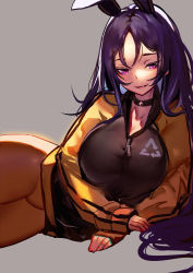 Rule 34 | 1girl, arrow (symbol), black choker, black jacket, breasts, brown pantyhose, choker, cleavage, commentary request, facing viewer, fate/grand order, fate (series), grey background, highres, hiroshi (hiroshixhiss), jacket, large breasts, long hair, lying, minamoto no raikou (fate), on side, pantyhose, parted hair, purple eyes, purple hair, raglan sleeves, recycling symbol, sleeves past wrists, solo, thick thighs, thighs, track jacket, very long hair, yellow jacket, zipper