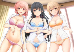 Rule 34 | 3girls, :q, absurdres, black hair, blue bra, blue eyes, blue panties, blush, bra, breasts, clothes lift, collarbone, commentary request, curtains, gluteal fold, groin, highres, inanaki shiki, isshiki iroha, large breasts, lifting own clothes, light brown hair, long hair, looking at viewer, medium breasts, multiple girls, navel, open clothes, open mouth, open shirt, orange bra, orange panties, panties, panty pull, pink bra, pink hair, pink panties, pulling own clothes, raised eyebrows, red eyes, ribbon, school uniform, shirt, short hair, shy, small breasts, sweat, thigh gap, thighs, tongue, tongue out, underwear, very long hair, wavy mouth, wet, white shirt, window, yahari ore no seishun lovecome wa machigatteiru., yellow eyes, yuigahama yui, yukinoshita yukino