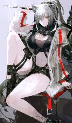 Rule 34 | 1girl, absurdres, animal ears, arknights, black scarf, black shorts, breasts, cat ears, cleavage, commentary request, commission, crop top, grey hair, highres, holding, holding knife, holding weapon, jacket, knee up, knife, large breasts, long hair, long sleeves, looking at viewer, material growth, midriff, navel, open clothes, open jacket, oripathy lesion (arknights), reverse grip, scarf, schwarz (arknights), second-party source, short shorts, shorts, sitting, solo, stomach, thigh strap, thighs, weapon, white jacket, yellow eyes, yuki flourish