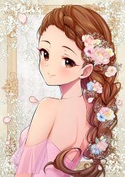 Rule 34 | 1girl, alternate costume, alternate hairstyle, backless dress, backless outfit, bare shoulders, blush, braid, braided bangs, braided ponytail, breasts, brown hair, dress, empty picture frame, floral print, flower, forehead, hair flower, hair ornament, highres, idolmaster, idolmaster cinderella girls, looking at viewer, looking back, nape, off shoulder, petals, picture frame, see-through, see-through sleeves, seki hiromi, small breasts, smile, solo, upper body, yuki sizuku