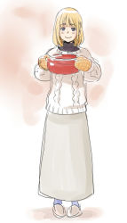 Rule 34 | 1girl, blonde hair, blue eyes, cooking, full body, gloves, grey skirt, holding, long skirt, looking at viewer, minato fumi, original, pot, skirt, smile, solo, standing, sweater