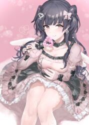 Rule 34 | 1girl, absurdres, black hair, blurry, blush, bokeh, breasts, choker, collarbone, depth of field, detached sleeves, dress, feet out of frame, fingernails, frilled choker, frilled dress, frilled sleeves, frills, heart, highres, honeycomb (pattern), idolmaster, idolmaster cinderella girls, light smile, looking at viewer, mayuzumi fuyuko, medium breasts, nail polish, pantyhose, patterned clothing, petticoat, pink background, pixel heart, powder is kona, puffy short sleeves, puffy sleeves, ribbon trim, short sleeves, solo, two side up, white pantyhose, white wings, wings
