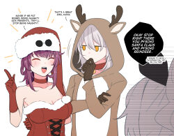 Rule 34 | 3girls, animal costume, bare shoulders, brown gloves, choker, closed eyes, collarbone, english text, eyewear on head, glasses, gloves, grey hair, hat, highres, hinagi (fox priest), honkai: star rail, honkai (series), kafka (honkai: star rail), long hair, looking at another, multiple girls, no pupils, open mouth, pince-nez, pointing, pointing up, ponytail, purple hair, red choker, red gloves, reindeer costume, santa costume, santa hat, sidelocks, silver wolf (honkai: star rail), stelle (honkai: star rail), strapless, sunglasses, trailblazer (honkai: star rail), yellow eyes