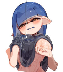 Rule 34 | 1girl, blue hair, blunt bangs, blush, breasts, clothes lift, colored tongue, disembodied limb, fummatsu soosu, grabbing own breast, hand under clothes, hand under shirt, highres, inkling, inkling girl, inkling player character, lifted by self, lotion, lube, medium breasts, navel, nintendo, nipple stimulation, nipple tweak, nipples, no bra, one breast out, open mouth, pointy ears, shirt, solo, splatoon (series), tentacle hair, white background, yellow eyes