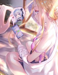 Rule 34 | 3girls, abigail williams (fate), bare shoulders, blonde hair, blue eyes, blush, bra, breasts, cellphone, chibi, collarbone, collared shirt, dress shirt, fate/grand order, fate (series), forehead, grey skirt, highres, kinom (sculpturesky), long hair, long sleeves, looking at viewer, morgan le fay (fate), multiple girls, off shoulder, open clothes, open mouth, open shirt, out of frame, parted bangs, phone, pink bra, shirt, sitting, skirt, small breasts, thighs, underwear, wariza, white shirt
