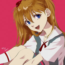 Rule 34 | 1girl, blue eyes, breasts, brown hair, fetal position, hair ornament, lips, long hair, looking at viewer, neon genesis evangelion, open mouth, red background, school uniform, simple background, skirt, solo, souryuu asuka langley, tokyo-3 middle school uniform, two side up, very long hair, yubi kamii