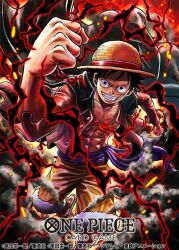 Rule 34 | 1boy, aura, black cape, black hair, cape, clenched hand, commentary request, copyright name, hat, looking at viewer, male focus, monkey d. luffy, nagare seiya, official art, one piece, one piece card game, open clothes, open shirt, orange shorts, purple sash, red shirt, sash, scar, scar on chest, scar on face, shirt, short hair, shorts, smile, solo, straw hat