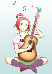 Rule 34 | 1girl, absurdres, bad id, bad pixiv id, beamed quavers, bird, bra strap, collarbone, full body, gradient background, guitar, hair tie, high ponytail, highres, instrument, music, musical note, no shoes, off-shoulder shirt, off shoulder, original, playing instrument, pleated skirt, red eyes, red hair, rm (sora noko), shirt, skirt, socks, solo