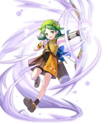Rule 34 | 1girl, armpits, arrow (projectile), bandana, bare shoulders, bow (weapon), braid, child, fingerless gloves, fire emblem, fire emblem: the blazing blade, fire emblem heroes, full body, gloves, green eyes, highres, holding, holding bow (weapon), holding weapon, leg up, looking away, nintendo, non-web source, official art, open mouth, pleated skirt, quiver, rebecca (fire emblem), ringozaka marikofire emblem, shoes, shorts, skirt, sleeveless, smile, socks, solo, teeth, transparent background, twin braids, twintails, upper teeth only, weapon