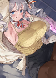 Rule 34 | 1girl, :q, arm up, armpits, black pantyhose, black skirt, blue eyes, camisole, grey hair, highres, jacket, kantai collection, kashima (kancolle), long hair, looking at viewer, lying, mizuta kenji, on back, open clothes, open jacket, pantyhose, skirt, smile, solo, tongue, tongue out, twintails, wavy hair, white jacket, yellow camisole