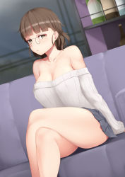 Rule 34 | 1girl, alternate costume, bad id, bad pixiv id, blue skirt, blush, breasts, brown eyes, brown hair, couch, crossed legs, eyewear strap, glasses, kantai collection, large breasts, long sleeves, ne an ito, off shoulder, on couch, open mouth, pince-nez, pleated skirt, roma (kancolle), sitting, skirt, solo, sweater, wavy hair, white sweater
