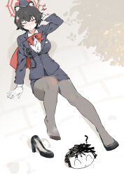 Rule 34 | 1girl, absurdres, animal ear fluff, animal ears, arm behind head, black footwear, black hair, blue archive, blue eyes, blue skirt, blush, bow, bowtie, collared shirt, feet, gloves, halo, hat, high heels, highres, jacket, long sleeves, medium hair, one eye closed, ornament, pantyhose, parted lips, pencil skirt, red bow, renxzd, shirt, shoes, short hair, simple background, single shoe, sitting, skirt, solo focus, steam, tsubaki (blue archive), tsubaki (guide) (blue archive), unworn shoes, white background, white gloves, white shirt