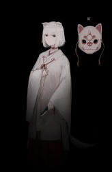 Rule 34 | 1girl, absurdres, animal ears, black background, black eyes, blunt bangs, choker, closed mouth, highres, holding, holding knife, japanese clothes, knife, long sleeves, looking at viewer, mask, original, rampart1028, short hair, solo, white hair, wide sleeves