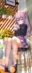 Rule 34 | 1girl, absurdres, alternate costume, black shirt, braid, casual, closed mouth, cup, double bun, full body, genshin impact, hair bun, highres, holding, holding cup, keqing (genshin impact), lazy yuanying, long sleeves, plaid, plaid skirt, plant, ponytail, potted plant, purple eyes, purple hair, shirt, sitting, skirt, twintails