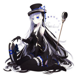 Rule 34 | 1girl, bare shoulders, black dress, black gloves, black hair, black thighhighs, blue eyes, bow, cane, cookie, dress, food, food-themed clothes, gloves, hat, long hair, looking at viewer, multicolored hair, nekonabe ao, oreo, original, personification, ribbon, sitting, solo, thighhighs, two-tone hair, very long hair, white hair, zettai ryouiki