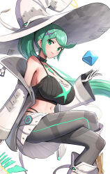 Rule 34 | 1girl, absurdres, blue hair, breasts, cleavage, closed mouth, crop top, earrings, gloves, gonzarez, green eyes, green hair, hat, highres, invisible chair, jacket, jewelry, large breasts, long hair, long sleeves, looking at viewer, navel, pants, pleated skirt, pneuma (xenoblade), ponytail, simple background, sitting, skirt, smile, solo, white background, white gloves, witch hat, xenoblade chronicles (series), xenoblade chronicles 2
