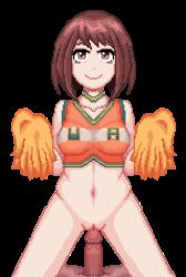 Rule 34 | 10s, 1boy, 1girl, ;), animated, animated gif, belly, blush, boku no hero academia, bottomless, bouncing breasts, breasts, brown eyes, brown hair, cheerleader, cowgirl position, cum, cum in pussy, girl on top, hetero, looking at viewer, lowres, navel, one eye closed, pixelated, pom pom (cheerleading), pussy, sex, smile, stomach, straddling, thetz, uncensored, uraraka ochako, vaginal