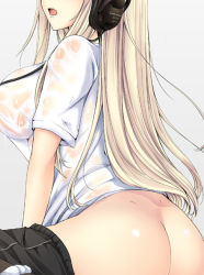 Rule 34 | 1girl, ass, blonde hair, bottomless, breasts, dimples of venus, head out of frame, headphones, huge breasts, kizuki aruchu, long hair, maid bride, no panties, open mouth, original, see-through, sideboob, sitting, solo, wet, wet clothes