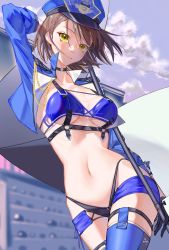 Rule 34 | 1girl, absurdres, arm up, azur lane, baltimore (azur lane), baltimore (finish line flagbearer) (azur lane), bikini, black coat, blue bikini, blue footwear, blue hair, blue hat, blue jacket, blue shorts, blue sky, boots, braid, breasts, brown hair, chest harness, choker, cleavage, closed mouth, cloud, coat, collarbone, commentary, cowboy shot, cropped jacket, day, flag, floating hair, french braid, garter straps, gloves, hair between eyes, harness, hat, highleg, highleg bikini, highres, holding, holding pole, jacket, light blue hair, looking at viewer, medium breasts, micro shorts, mismatched bikini, navel, official alternate costume, open clothes, open jacket, outdoors, pole, race queen, shino pupille, short hair, shorts, sidelocks, sky, smile, solo, standing, stomach, swimsuit, thigh boots, thigh strap, underboob, yellow eyes