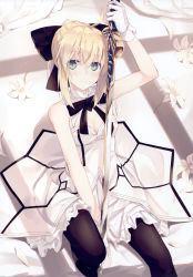 Rule 34 | absurdres, arm up, artoria pendragon (all), artoria pendragon (fate), bare shoulders, between legs, black bow, black pantyhose, black thighhighs, blonde hair, blush, bow, breasts, caliburn (fate), cleavage, closed mouth, dress, fate/unlimited codes, fate (series), flower, gloves, green eyes, hair between eyes, hair bow, hand between legs, highres, holding, holding sword, holding weapon, knee up, medium breasts, nagishiro mito, pantyhose, petals, saber lily, scan1girl, short hair, sitting, smile, solo, strapless, strapless dress, sword, thighhighs, weapon, white dress, white flower, white gloves