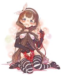 Rule 34 | 1girl, 7010, :d, bare shoulders, blood, blood on face, blue eyes, blush, brown hair, choker, commentary request, fang, full body, hair ribbon, hairband, hand on own stomach, heart, idolmaster, idolmaster cinderella girls, long hair, long sleeves, looking at viewer, needle, nose blush, open mouth, ribbon, sakuma mayu, sitting, smile, solo, striped clothes, striped thighhighs, thighhighs, tube, vampire, wariza
