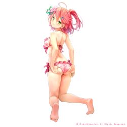 Rule 34 | 1girl, absurdres, ahoge, ass, bare shoulders, bikini, breasts, cherry blossom print, cherry blossoms, closed mouth, collaboration, copyright notice, dawn of the breakers, feet, floral print, flower, frilled bikini, frills, from behind, full body, green eyes, hair between eyes, hair flower, hair ornament, hairclip, highres, hololive, kneeling, kneepits, medium breasts, medium hair, morizo cs, official alternate costume, official art, pink bikini, pink hair, sakura miko, sakura miko (hololive summer 2019), simple background, soles, solo, swimsuit, thighs, toes, virtual youtuber, white background