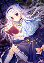 Rule 34 | 1girl, blouse, blue flower, blue rose, bobby socks, book, bookshelf, bow, brooch, capelet, caplet, choker, dutch angle, floating hair, flower, frills, from side, gem, glowing, hagino kouta, hair between eyes, hair flower, hair ornament, hair ribbon, hairband, highres, holding, holding book, indoors, jewelry, kami no ue no mahou tsukai, kneehighs, knees together feet apart, light smile, long hair, long skirt, long sleeves, looking at viewer, looking back, night, night sky, open book, pearl (gemstone), plant, potted plant, purple eyes, ribbon, rose, shirt, sitting, skirt, sky, smile, socks, solo, star (sky), starry sky, very long hair, white hair, white socks, window, yuugyouji yoruko