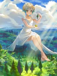 Rule 34 | 1girl, bare legs, blonde hair, blush, bow, cloud, cloud hair, dress, floating, forest, giant, giantess, hair bow, handa roco, highres, holding, idolmaster, idolmaster million live!, nature, oi!, outdoors, solo, twintails, white dress, yellow eyes