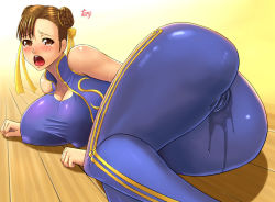 Rule 34 | 1990s (style), ass, blush, breasts, brown eyes, brown hair, cameltoe, capcom, chun-li, cleavage, cleft of venus, covered erect nipples, huge ass, huge breasts, looking at viewer, lying, open mouth, pussy juice, retro artstyle, saliva, shiny clothes, shirt, skin tight, street fighter, street fighter zero (series), sweat, taut clothes, taut shirt, tears, tenji, thick thighs, thighs, unitard