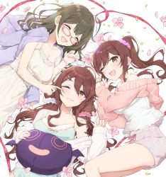 3girls, ahoge, alstroemeria (idolmaster), alternate hairstyle, bangs, bare shoulders, blush, breasts, brown hair, cardigan, cheek poking, cleavage, collarbone, eyebrows visible through hair, eyes closed, flower, from above, glasses, hair ornament, hair scrunchie, hairclip, hayashi kewi, highres, holding, holding stuffed toy, idolmaster, idolmaster shiny colors, kuwayama chiyuki, long hair, long sleeves, low twintails, lying, multiple girls, on back, on side, one eye closed, osaki amana, osaki tenka, open mouth, pajamas, poking, scrunchie, shorts, siblings, sisters, sleeves past wrists, smile, stuffed toy, swept bangs, twins, twintails, yellow eyes