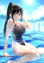 Rule 34 | 1girl, absurdres, arm behind head, bare legs, bare shoulders, black hair, blush, breasts, competition swimsuit, empty pool, harui (hr x9 ), highres, holding, large breasts, looking at viewer, mole, mole on breast, mole under mouth, off-shoulder shirt, off shoulder, one-piece swimsuit, original, outdoors, ponytail, pool, see-through, shiny skin, shirt, sitting, solo, sunlight, swimsuit, swimsuit under clothes, thighs, two-tone swimsuit, wet, wet clothes, wet hair, wet shirt, yellow eyes