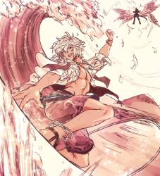 Rule 34 | 2boys, :d, ahoge, anklet, arm up, belt, blue eyes, boots, bracelet, commentary, electricity, english commentary, feathered wings, foaming waves, full body, gladiator sandals, granblue fantasy, hair between eyes, happy, high heel boots, high heels, highres, hihazuki, imminent death, jacket, jewelry, light particles, looking at viewer, lucio (granblue fantasy), male focus, male swimwear, messy hair, mountain, multiple boys, multiple wings, necklace, official alternate costume, open clothes, open jacket, open mouth, pectorals, sandalphon (granblue fantasy), sandals, silhouette, simple background, smile, sparkle, surfboard, surfing, swim trunks, tan, waves, white hair, wings