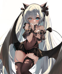 Rule 34 | 1girl, a fangfang fang fang, absurdres, animal ears, aqua eyes, azur lane, bare shoulders, black ribbon, black scrunchie, black thighhighs, black wings, blush, breasts, cat ears, commentary, covered navel, demon wings, feet out of frame, frills, hair ribbon, halloween, halloween costume, heart, heart-shaped pupils, highres, holding, holding hair, janus (azur lane), janus (fright-night scaredy-cat) (azur lane), leotard, long hair, looking at viewer, medium breasts, official alternate costume, ribbon, scrunchie, see-through, sidelocks, solo, symbol-shaped pupils, thighhighs, thighs, torn clothes, torn thighhighs, twintails, white background, white hair, wings, wrist scrunchie