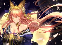 Rule 34 | 10s, 1girl, animal ears, azaka (rionrita), bell, blue ribbon, breasts, cleavage, closed eyes, collarbone, fate/extra, fate/grand order, fate (series), fox ears, fox tail, hair ribbon, japanese clothes, jingle bell, large breasts, long hair, moon, multiple tails, off shoulder, official alternate costume, petals, pink hair, ribbon, solo, tail, tamamo (fate), tamamo no mae (fate/extra), tamamo no mae (third ascension) (fate), tears, very long hair