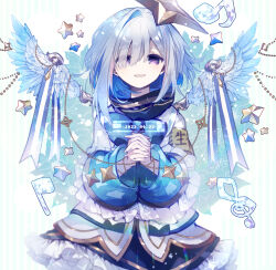 Rule 34 | 1girl, amane kanata, armband, black skirt, blue bow, blue bowtie, blue hair, blue ribbon, bow, bowtie, colored inner hair, commentary request, cyawa, dated, feathered wings, floral background, frilled skirt, frills, grey hair, grey jacket, hair over one eye, halo, highres, hololive, jacket, long sleeves, looking at viewer, looking up, multicolored hair, musical note, open mouth, own hands together, praying, purple eyes, ribbon, short hair, simple background, single hair intake, skirt, sleeve cuffs, sleeves past wrists, smile, solo, star (symbol), star halo, treble clef, virtual youtuber, white background, white wings, wide sleeves, wing ribbon, wings