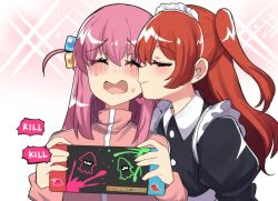 Rule 34 | 2girls, animalization, blush, bocchi the rock!, closed eyes, commentary, cube hair ornament, embarrassed, english commentary, english text, gotoh hitori, gotoh hitori (octopus), hair between eyes, hair ornament, handheld game console, highres, hinghoi, holding, holding handheld game console, jacket, kiss, kissing cheek, kita ikuyo, long hair, long sleeves, looking at another, maid, maid headdress, multiple girls, nintendo, nintendo switch, one side up, pink hair, pink jacket, red hair, short sleeves, sidelocks, speech bubble, splatoon (series), sweat, nervous sweating, turtleneck, turtleneck jacket, twintails, yuri, zipper